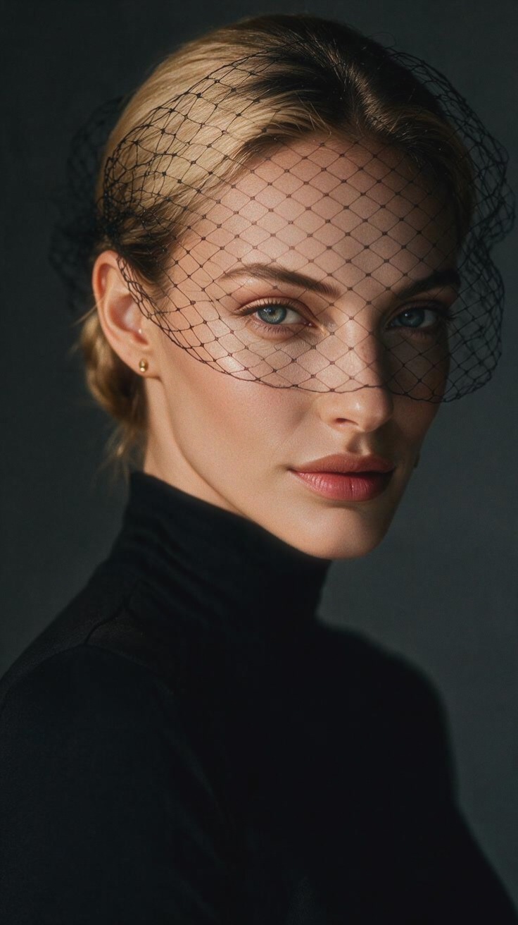 Portrait of Salomé Vaux in a black turtleneck and delicate birdcage veil, honey blonde hair pinned back, soft light on a dark grey background.